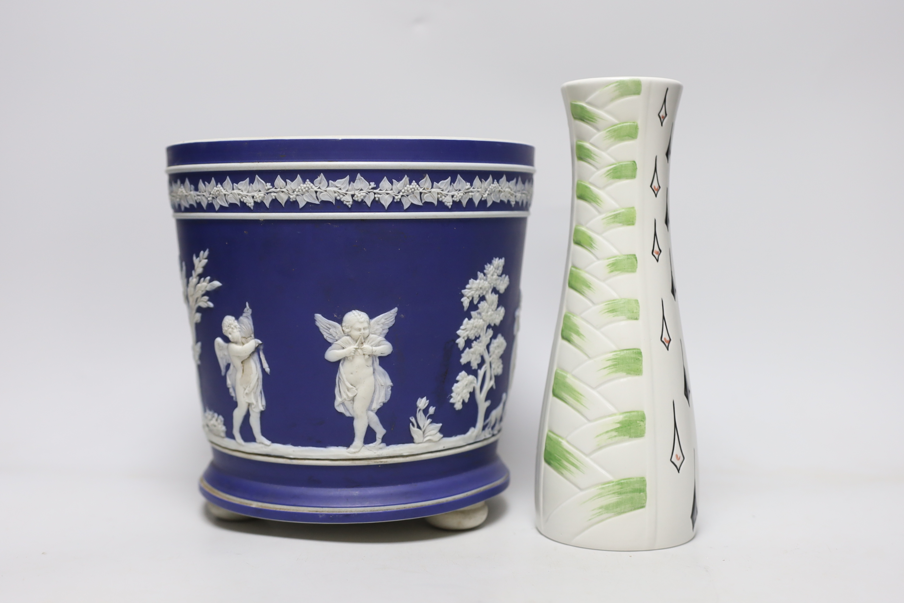 A 19th century Jasperware jardiniere and a J Wood for Burslem vase, tallest 22.5cm